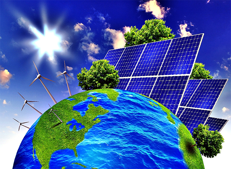 imagem ilustrativa da terra com painéis fotovoltaicos representando a produção de energia sustentável